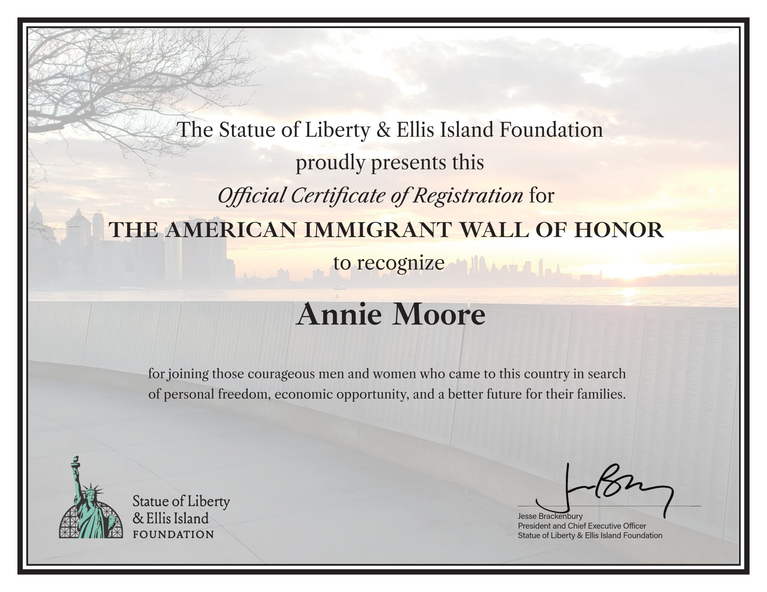 Wall of Honor certificate